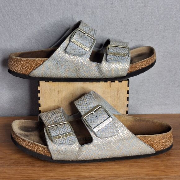 Birkenstock Arizona Women’s 7 EU 38 Narrow Shiny Python Blue Gold Slide Sandals - Picture 5 of 10